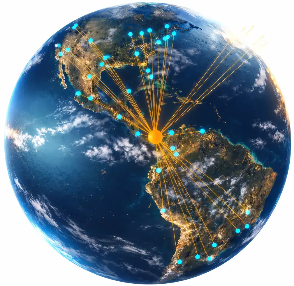 Global Network Map - Panama at center connecting to major cities worldwide